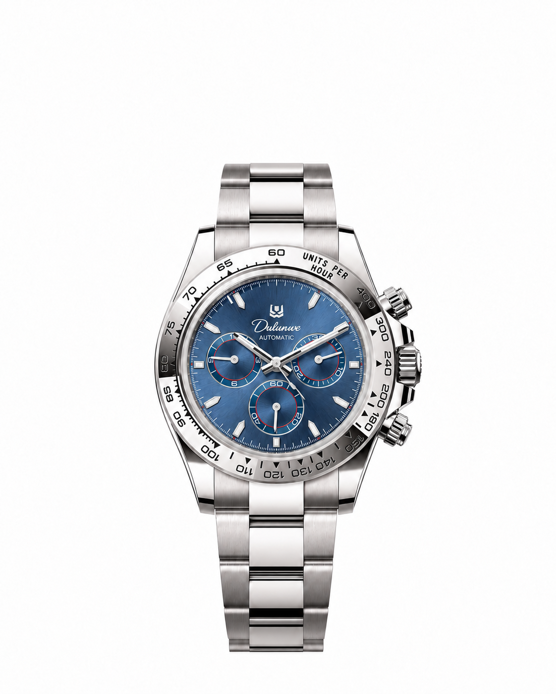 Case-study concept — Automatic Bracelet — Silver-tone - Blue Dial — Front. Not for sale.