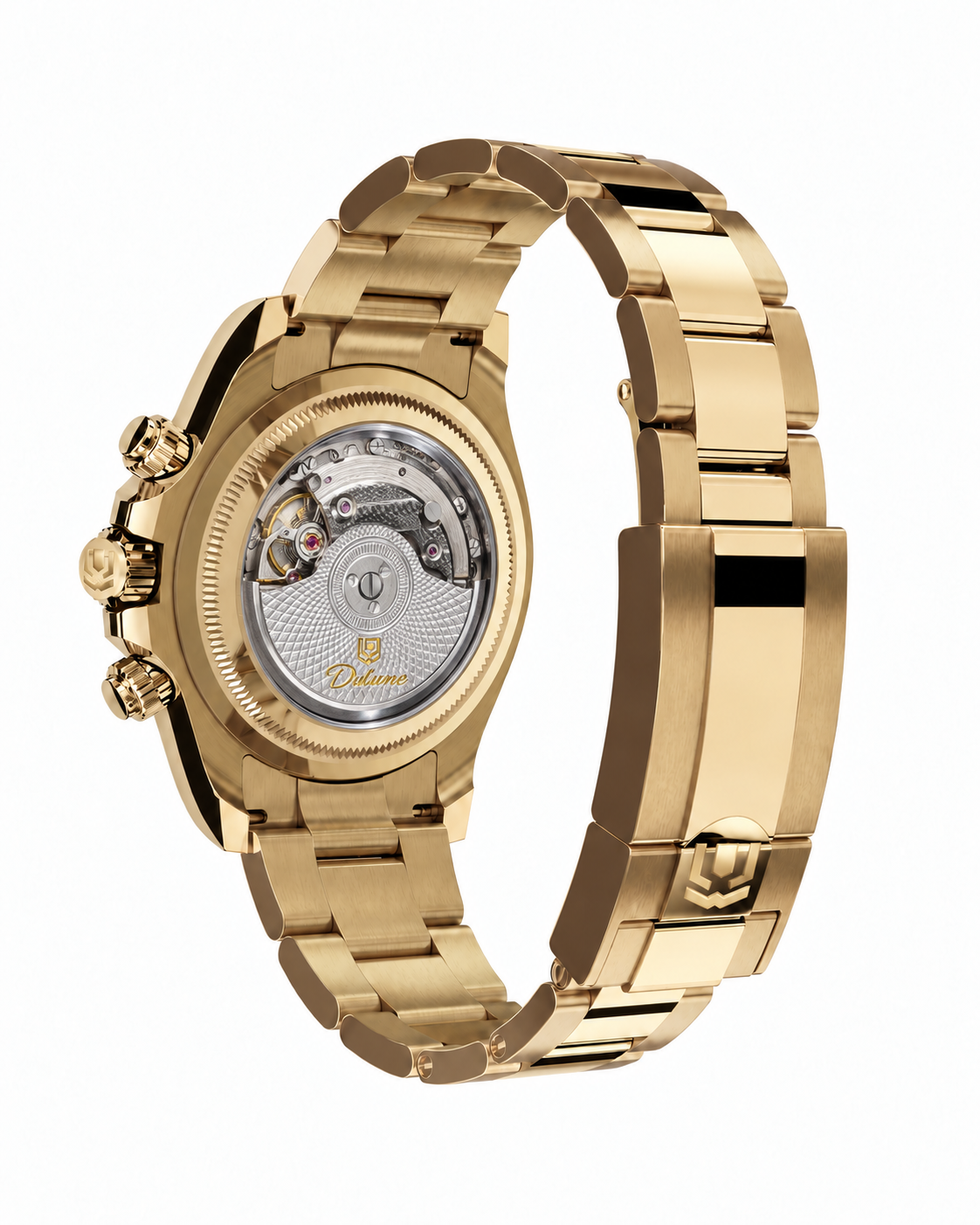 Case-study angle 3 — Automatic Bracelet — Gold-tone — Rear three-quarter. Not for sale. Illustrative exhibition movement.
