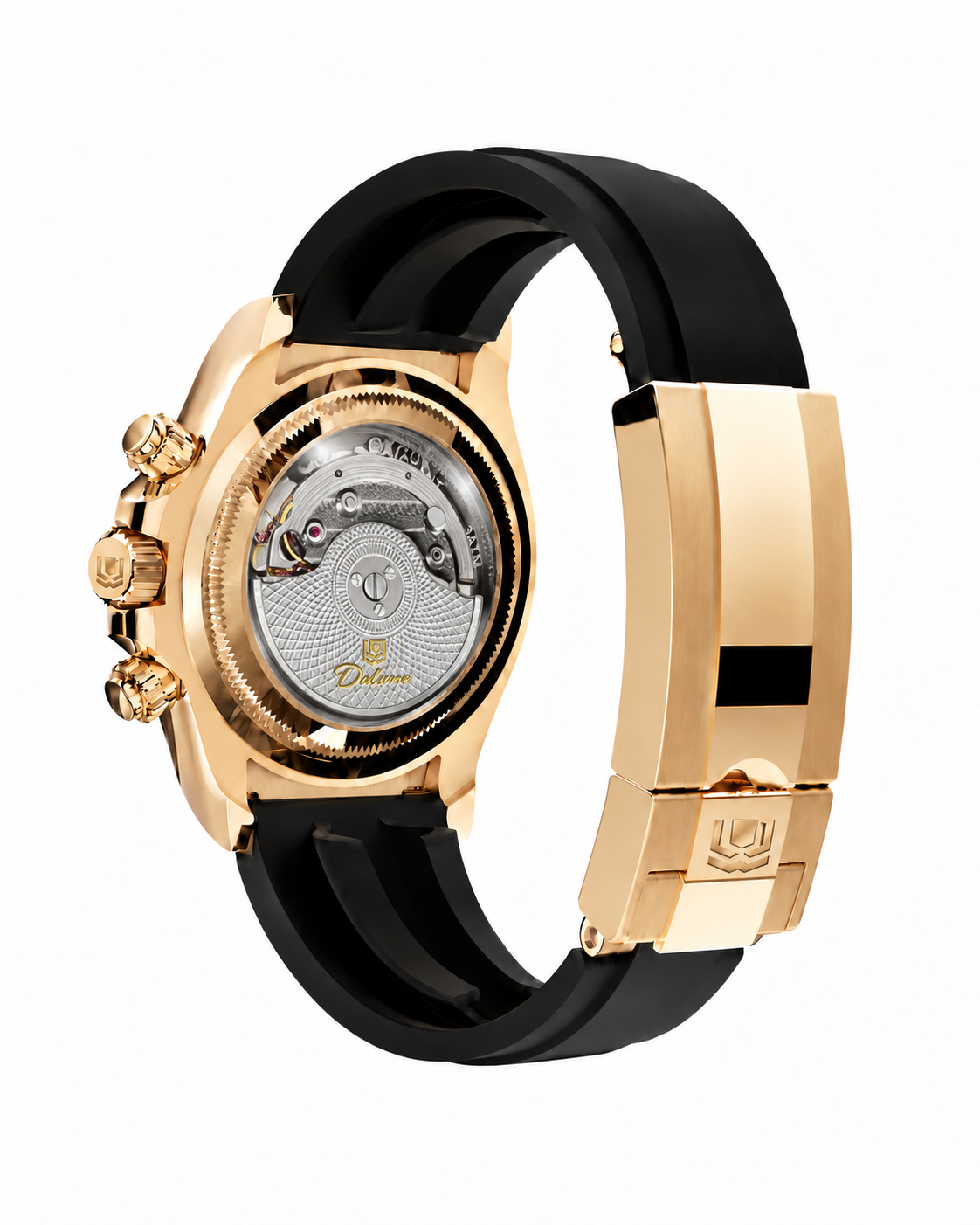 Case-study angle 3 — Automatic Rubber — Rear three-quarter — Gold-tone. Not for sale. Illustrative exhibition movement.