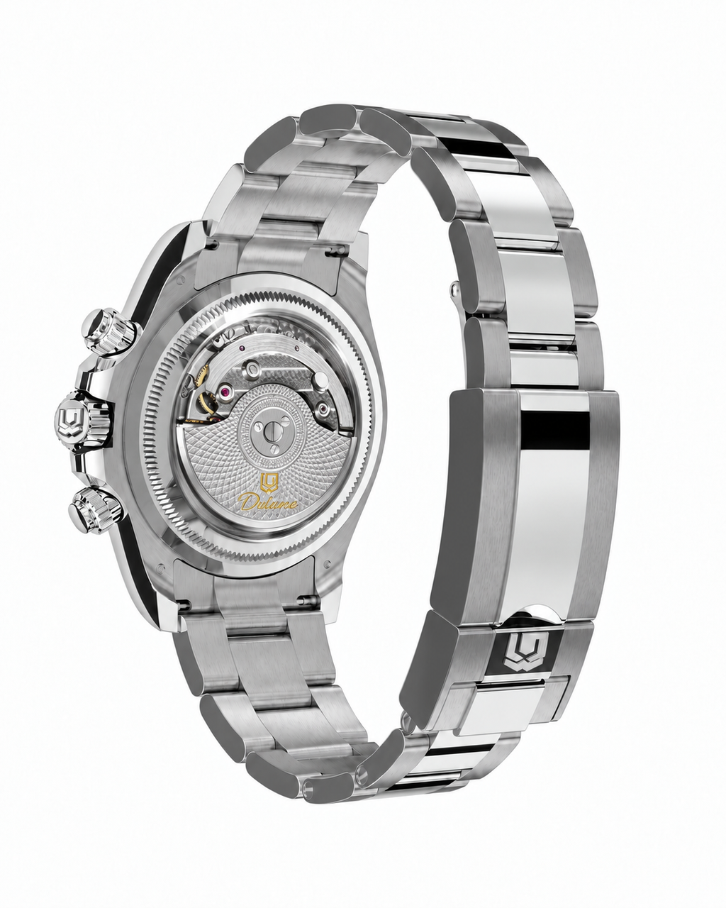 Case-study angle 3 — Automatic Bracelet — Silver-tone — Rear three-quarter. Not for sale. Illustrative exhibition movement.