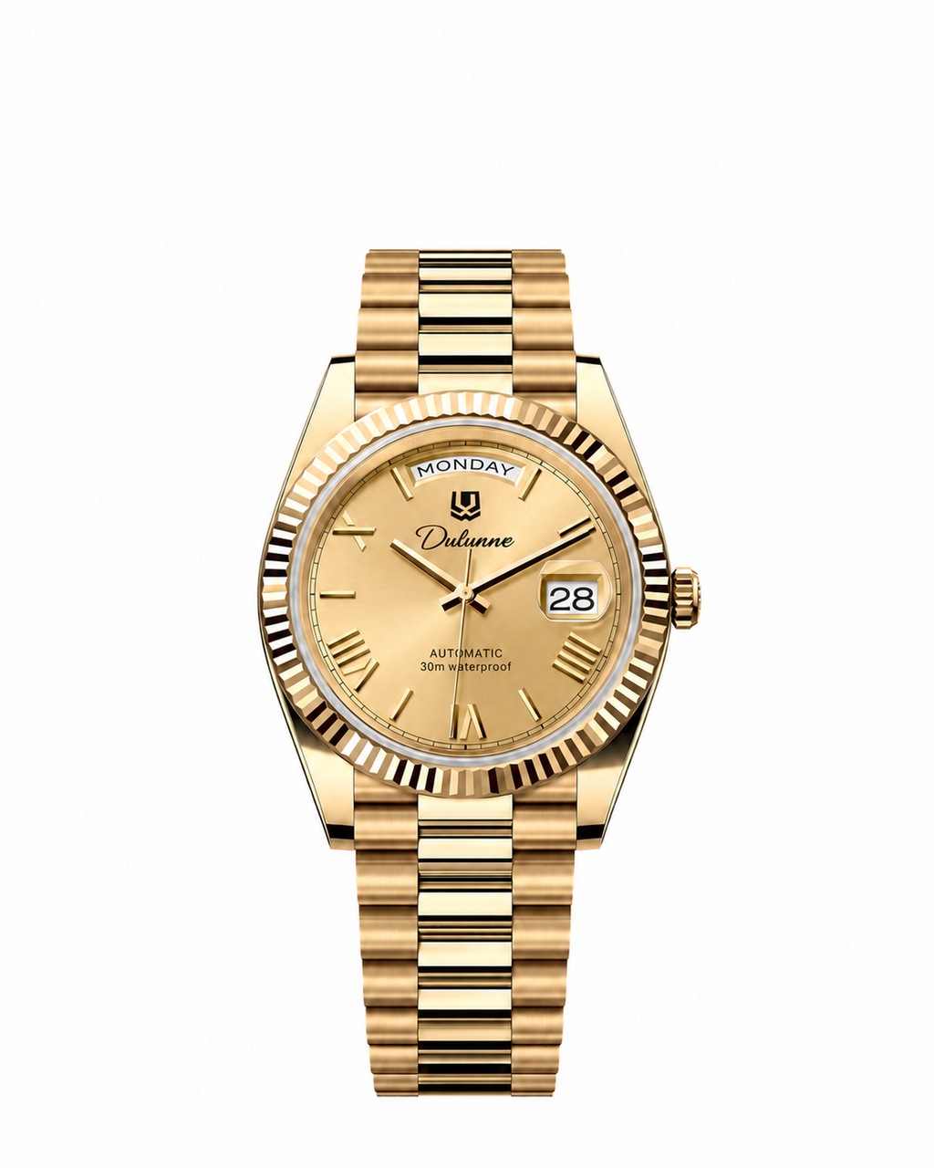 Case-study concept — Day & Date — Gold-tone - Gold-tone Dial - Roman Numerals — Front. Not for sale.