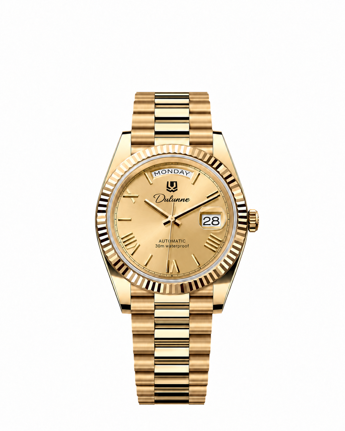 Case-study concept — Day & Date — Gold-tone - Gold-tone Dial - Roman Numerals — Front. Not for sale.