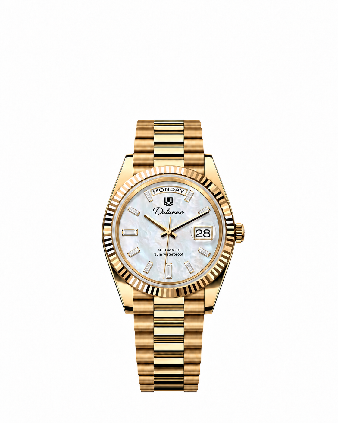 Case-study concept — Day & Date — Gold-tone - White Dial - Baguette Markers — Front. Not for sale.
