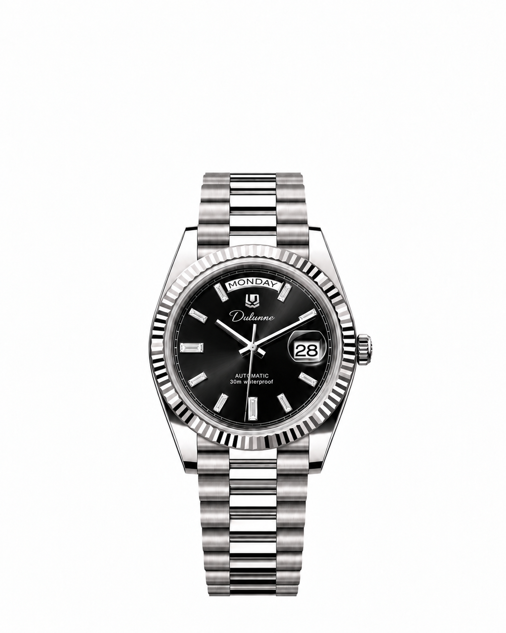 Case-study concept — Day & Date — Silver-tone - Black Dial - Baguette Markers — Front. Not for sale.