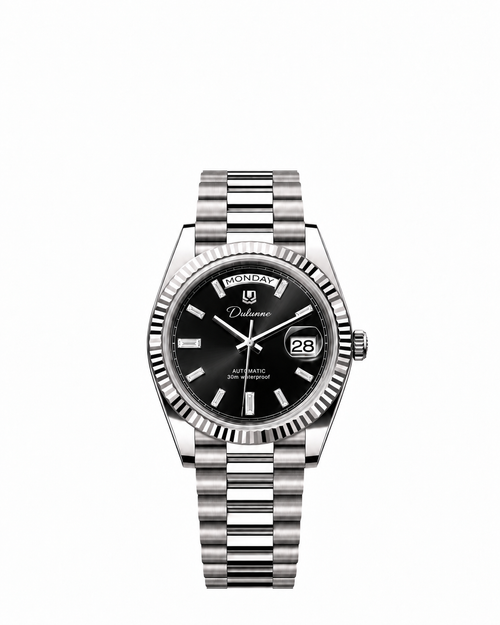 Case-study concept — Day & Date — Silver-tone - Black Dial - Baguette Markers — Front. Not for sale.