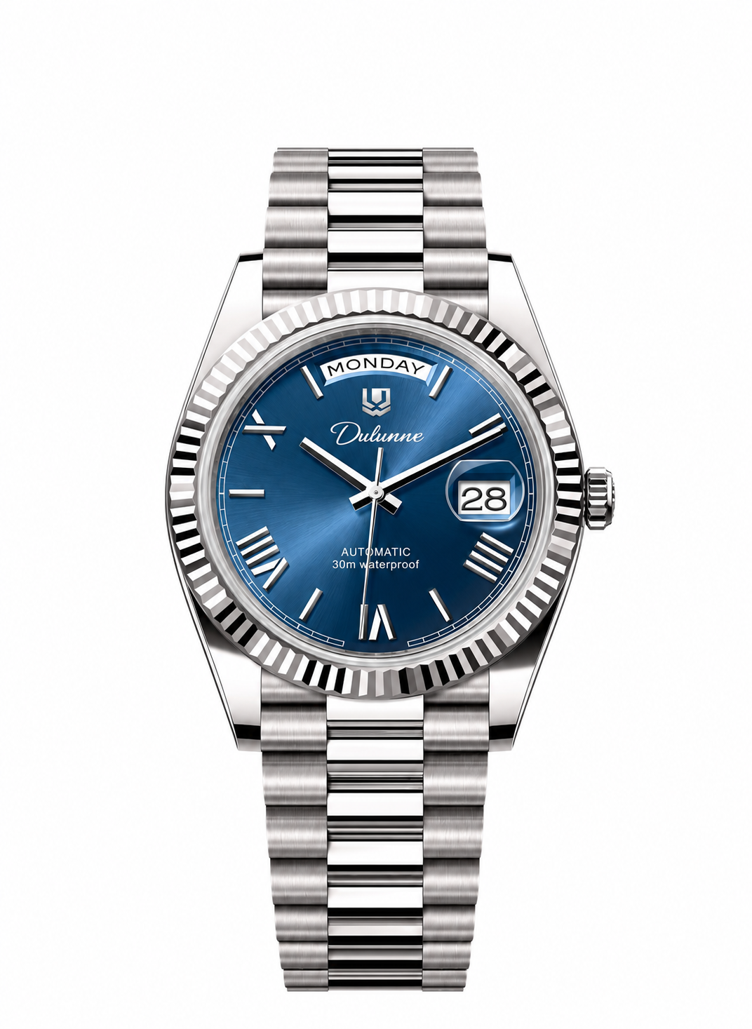 DAY DATE — Silver-tone - Blue Dial - Roman Numerals