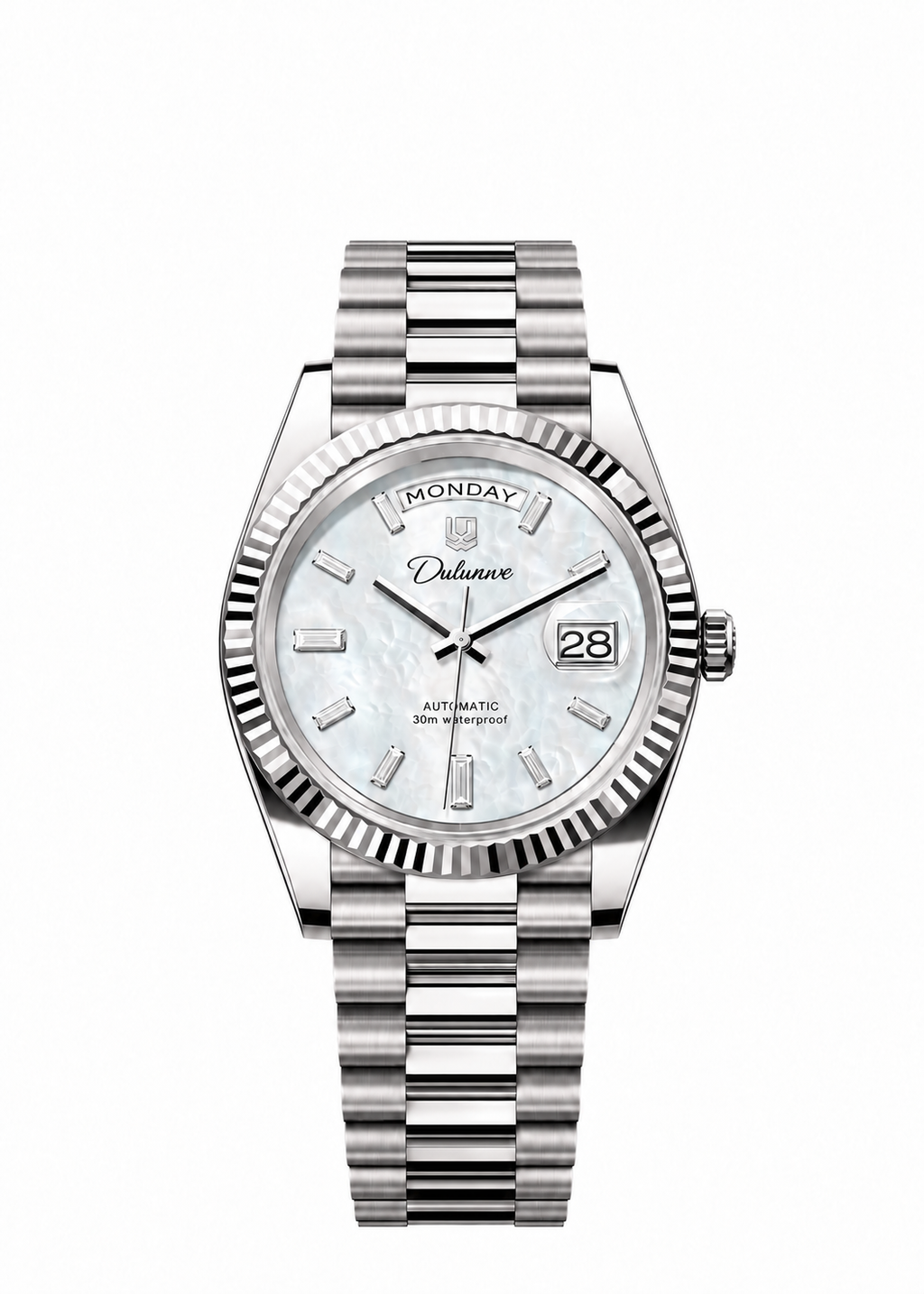 Case-study concept — Day & Date — Silver-tone - White Dial - Baguette Markers — Front. Not for sale.