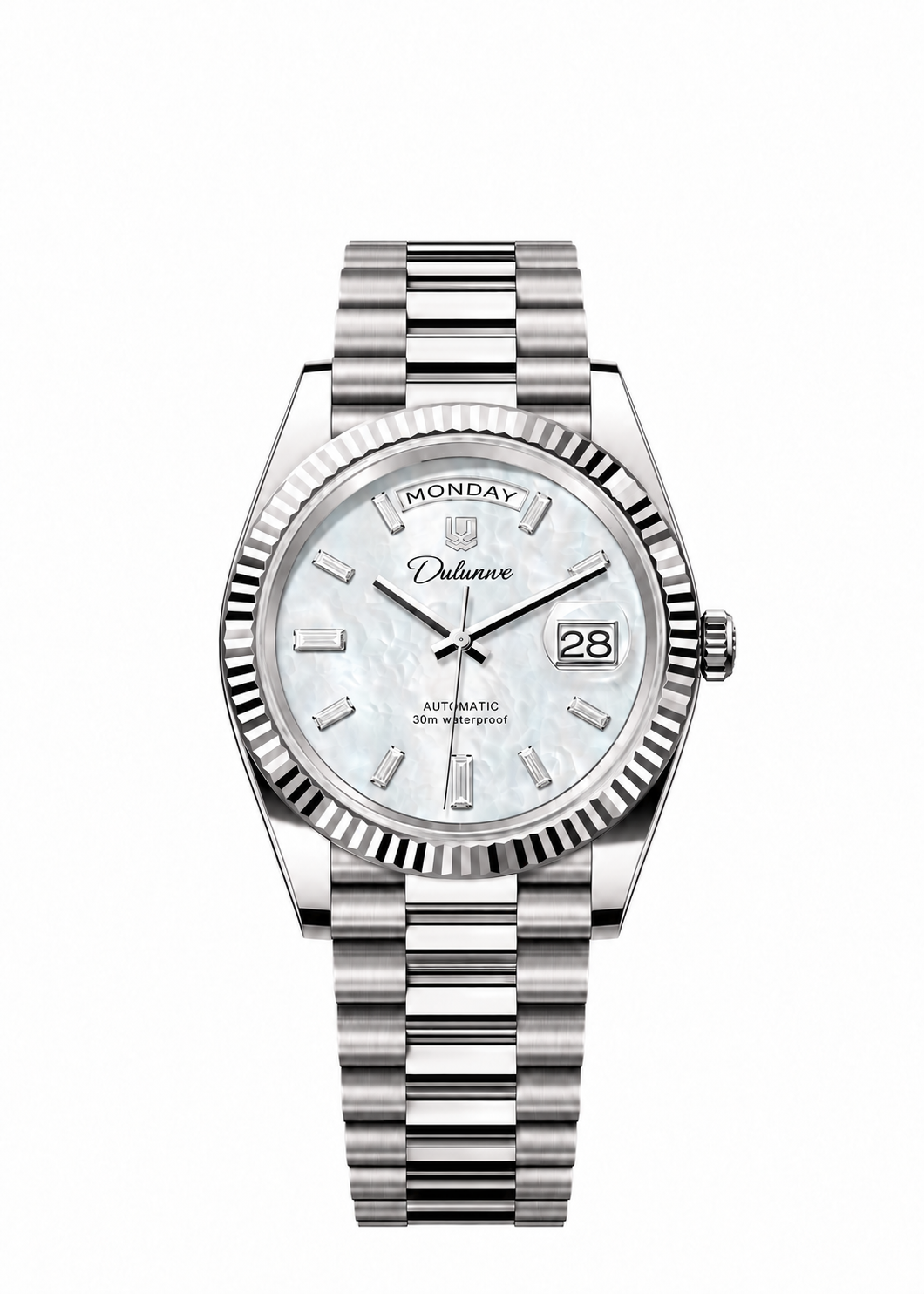 Case-study concept — Day & Date — Silver-tone - White Dial - Baguette Markers — Front. Not for sale.