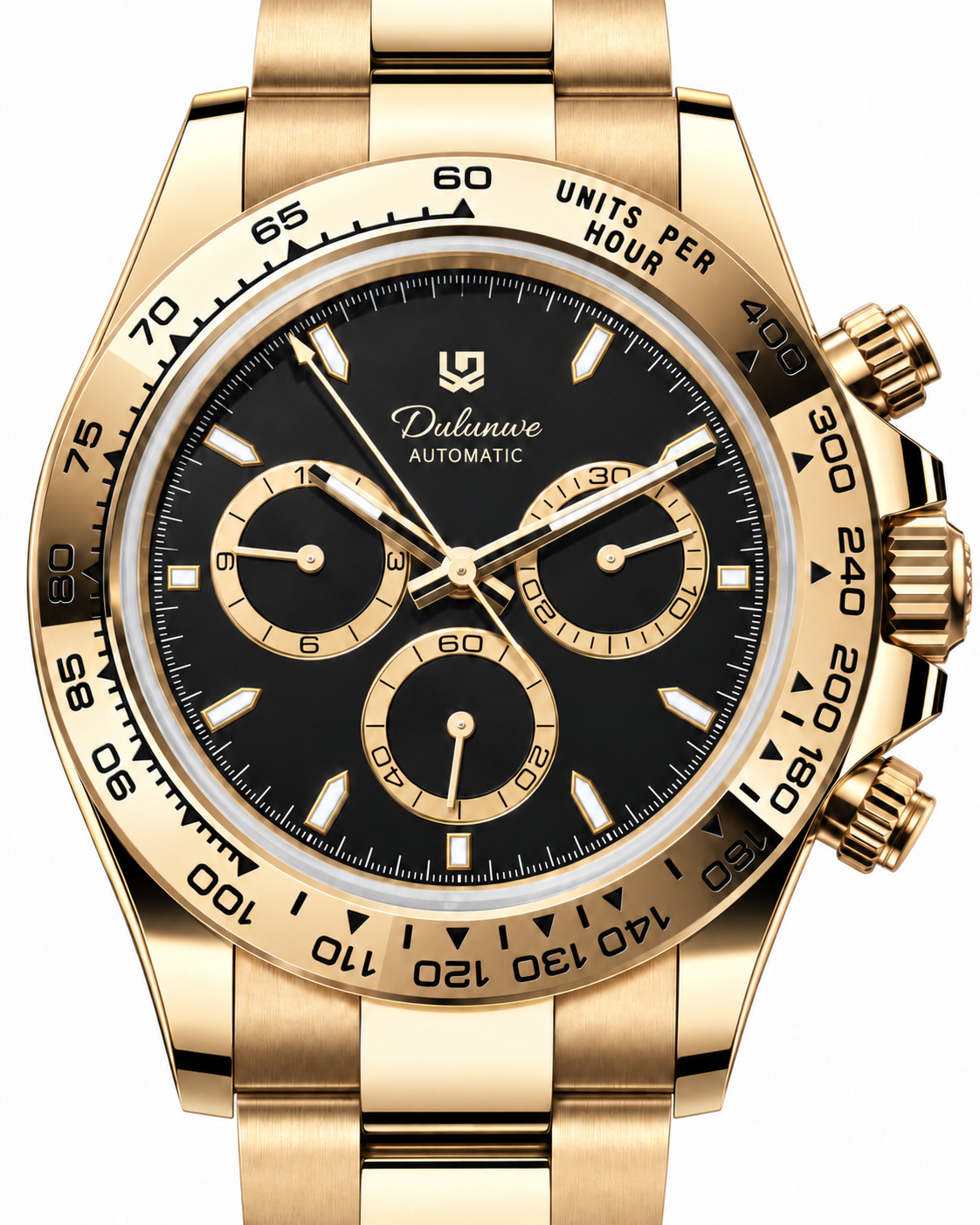 Case-study angle 2 — Automatic Bracelet — Gold-tone - Black Dial - Gold-tone Subdial Rings — Dial detail. Not for sale.