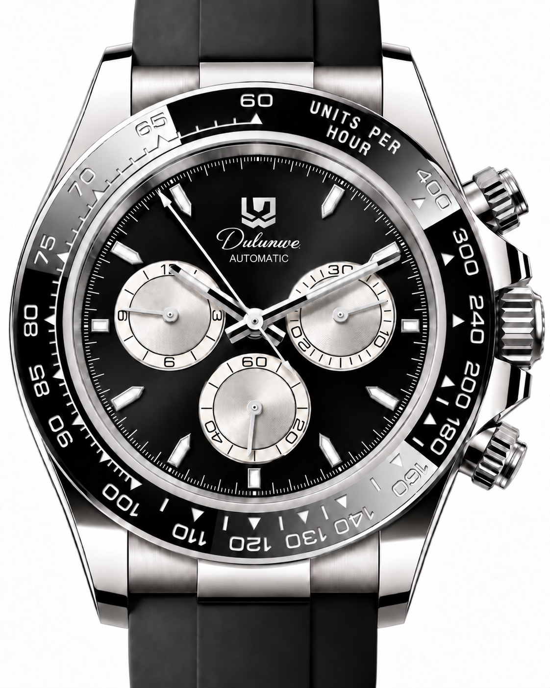 Case-study angle 2 — Automatic Rubber — Silver-tone Case - Black Dial - Silver-tone Subdials — Dial detail. Not for sale.