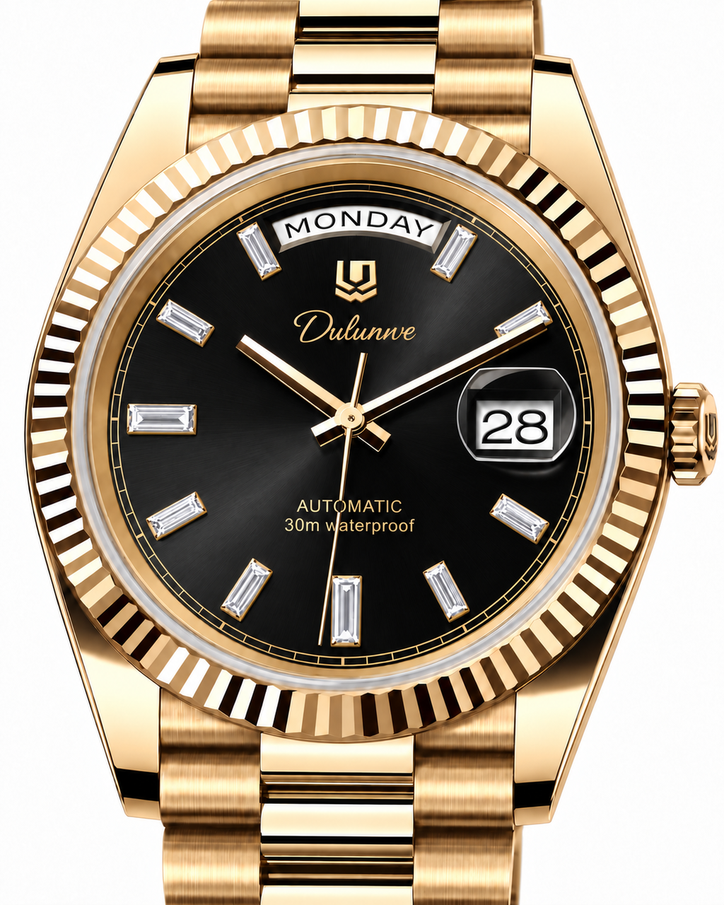 Case-study angle 2 — Day & Date — Gold-tone - Black Dial - Baguette Markers — Dial detail. Not for sale.