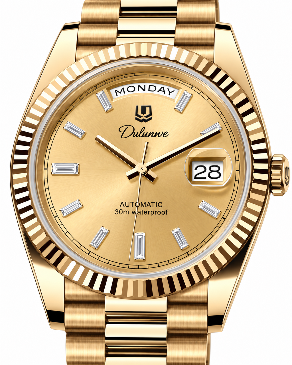 Case-study angle 2 — Day & Date — Gold-tone - Gold-tone Dial - Baguette Markers — Dial detail. Not for sale.