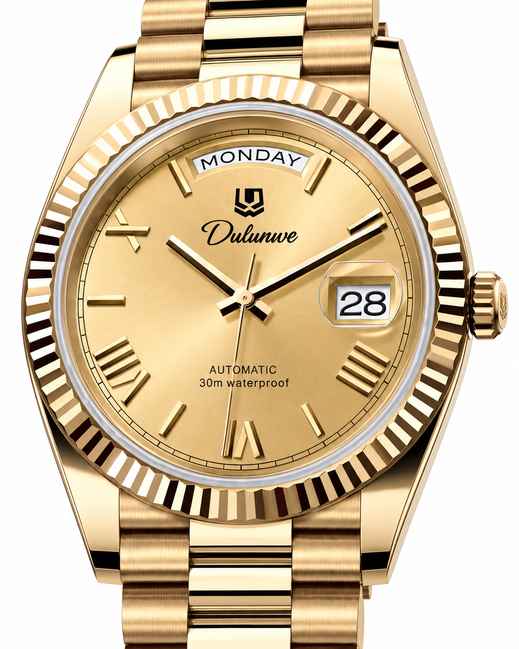 Case-study angle 2 — Day & Date — Gold-tone - Gold-tone Dial - Roman Numerals — Dial detail. Not for sale.