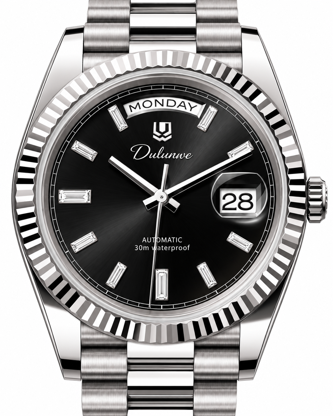 Case-study angle 2 — Day & Date — Silver-tone - Black Dial - Baguette Markers — Dial detail. Not for sale.