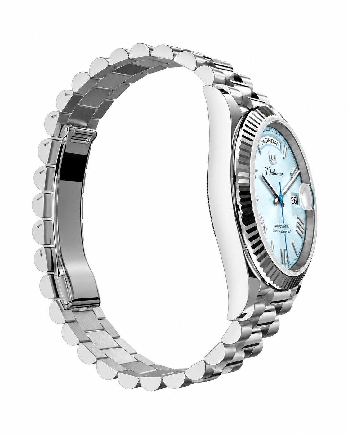 Case-study angle 4 — Day & Date — Non-crown-side three-quarter — Silver-tone. Not for sale.