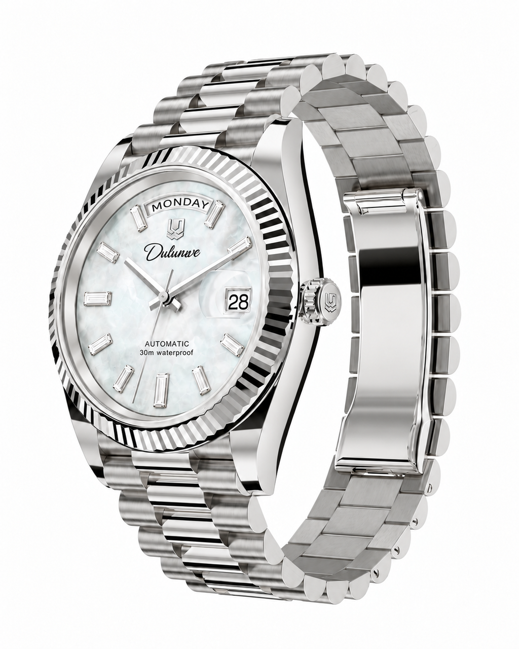 Case-study angle 5 — Day & Date — Front/crown-side three-quarter — Silver-tone. Not for sale.