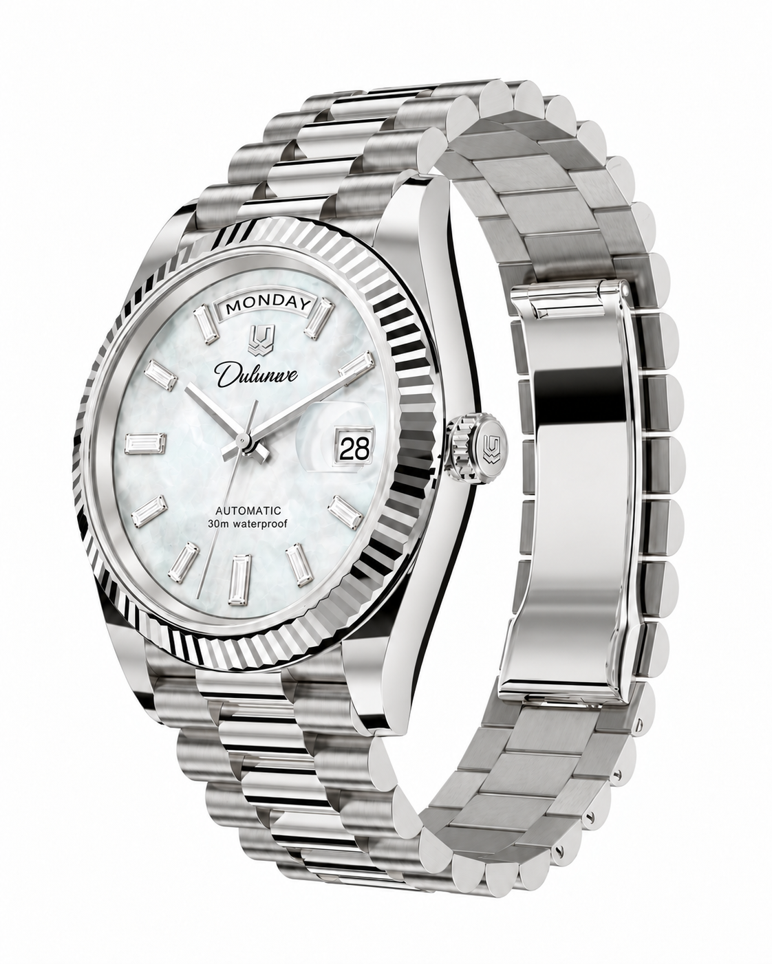 Case-study angle 5 — Day & Date — Front/crown-side three-quarter — Silver-tone. Not for sale.