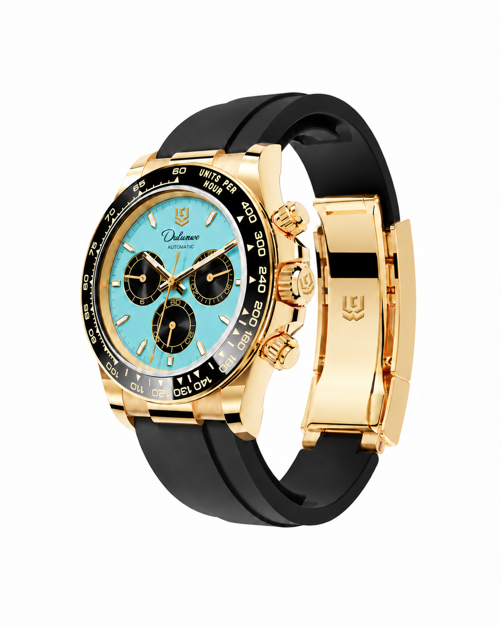 Case-study angle 5 — Automatic Rubber — Front/crown-side three-quarter — Gold-tone - Turquoise Dial. Not for sale.