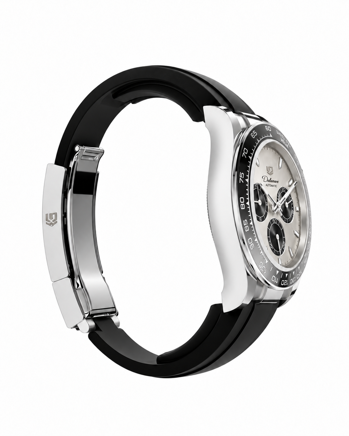 Case-study angle 4 — Automatic Rubber — Non-crown-side three-quarter — Silver-tone - Silver Dial. Not for sale.