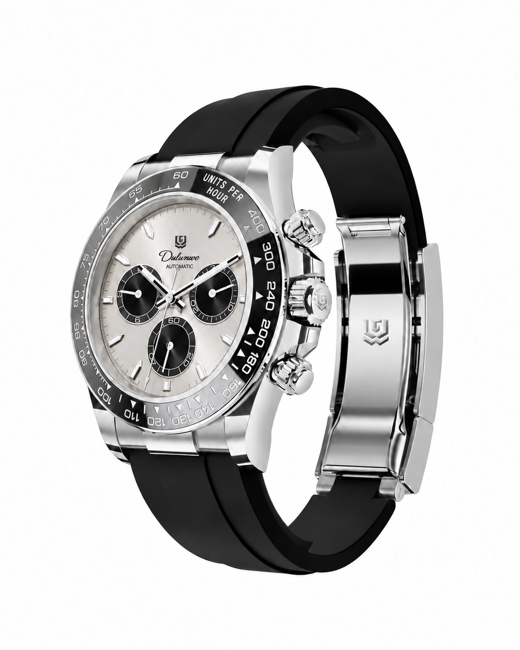 Case-study angle 5 — Automatic Rubber — Front/crown-side three-quarter — Silver-tone - Silver Dial. Not for sale.