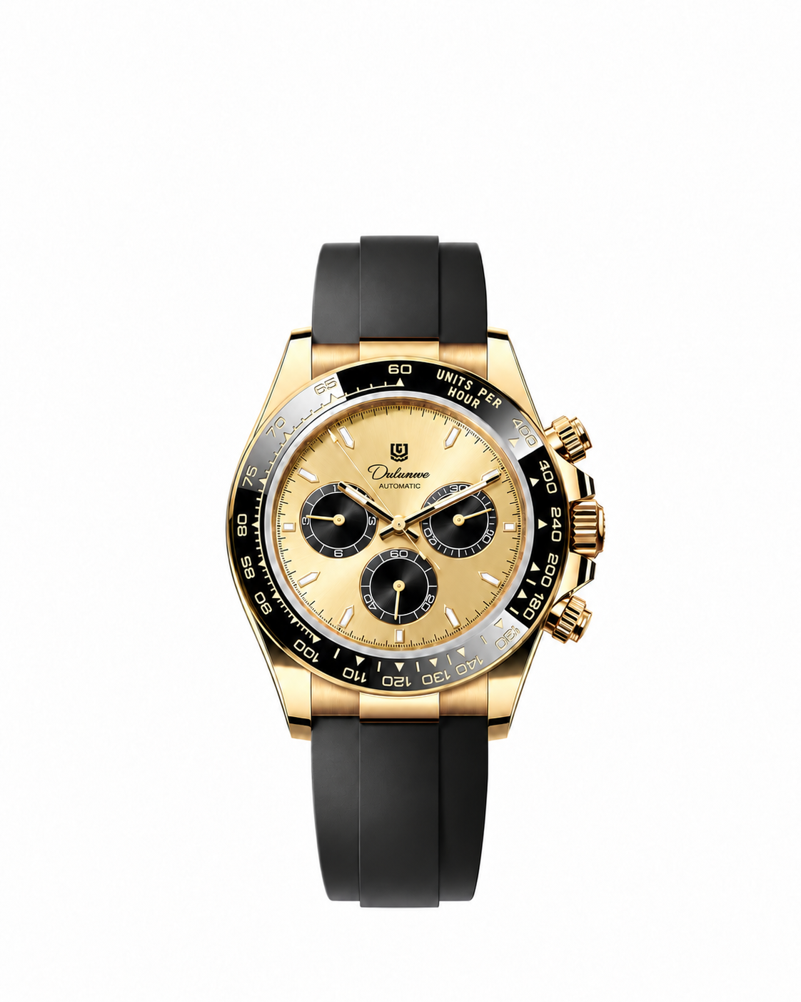 Case-study concept — Automatic Rubber — Gold-tone Case - Gold-tone Dial - Black Subdials — Front. Not for sale.