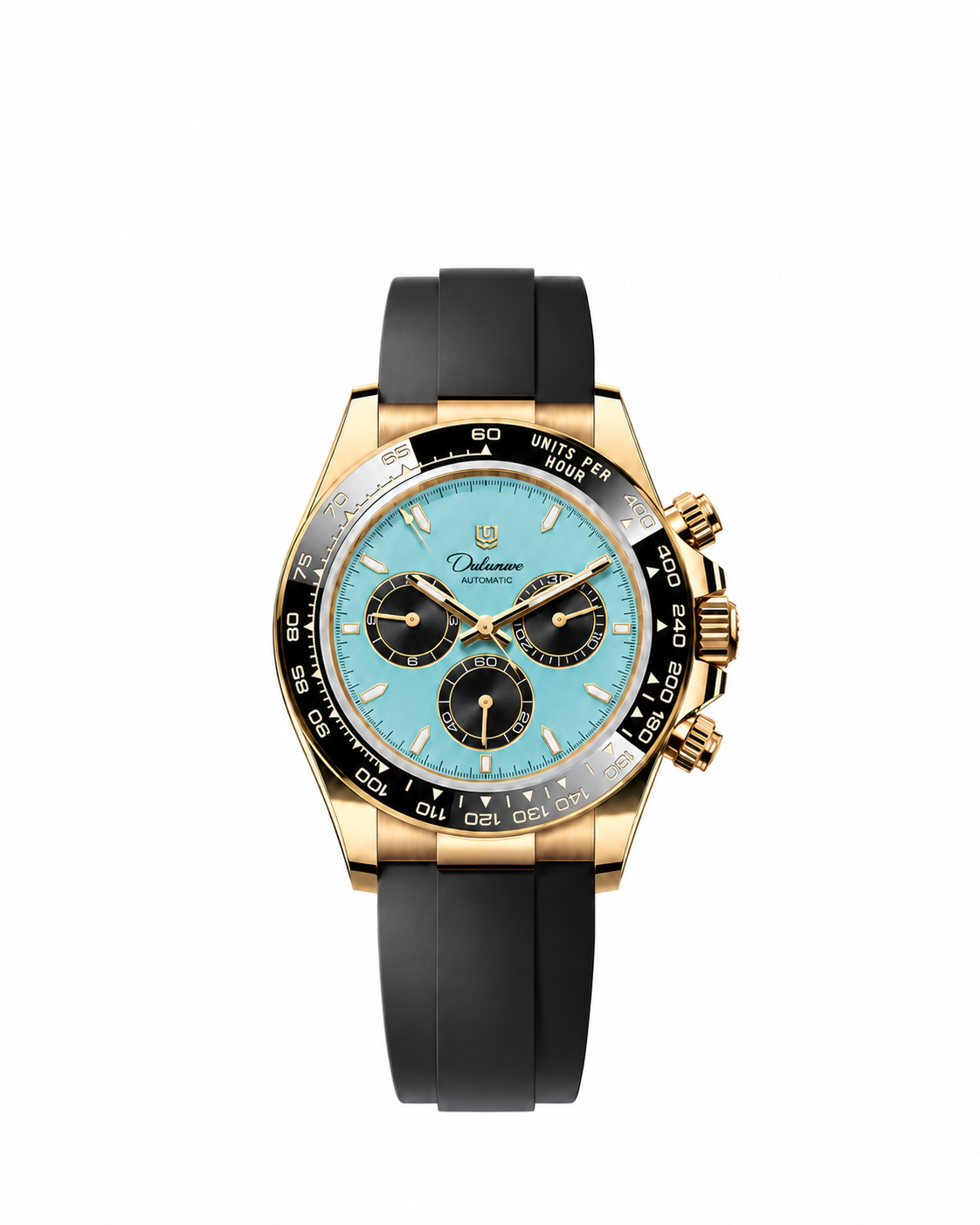 Case-study concept — Automatic Rubber — Gold-tone Case - Turquoise Dial - Black Subdials — Front. Not for sale.