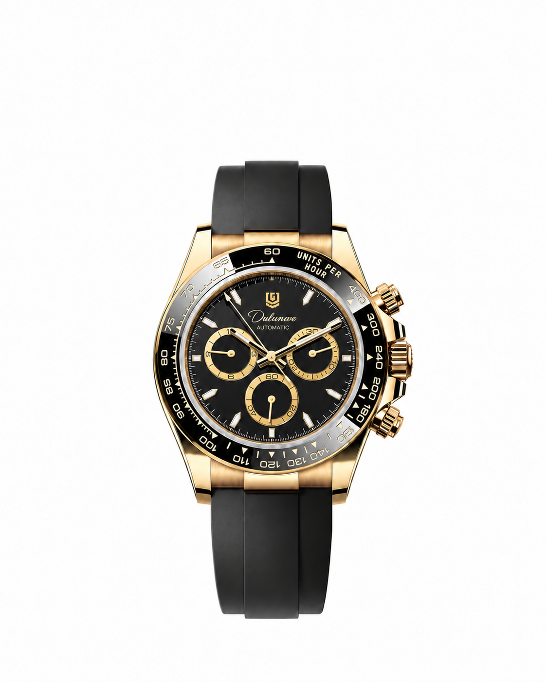 Case-study concept — Automatic Rubber — Gold-tone Case - Black Dial - Gold-tone Subdial Rings — Front. Not for sale.