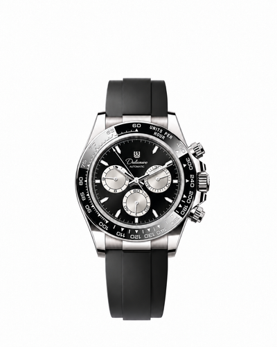 Rubber / Silver-tone - Black Dial - Silver-tone Subdials