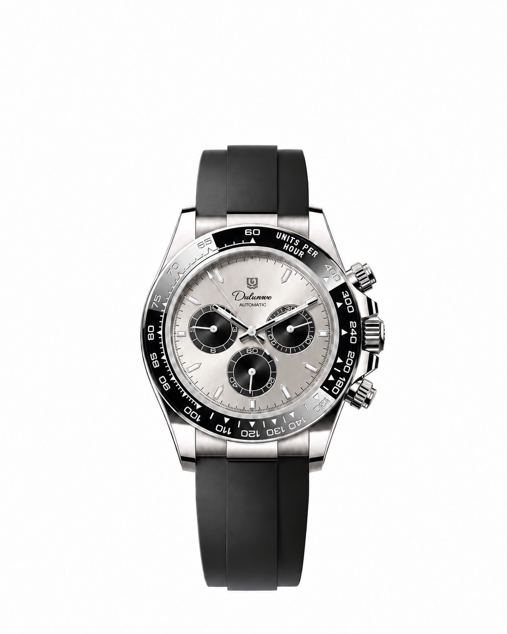 Case-study concept — Automatic Rubber — Silver-tone Case - Silver-tone Dial - Black Subdials — Front. Not for sale.