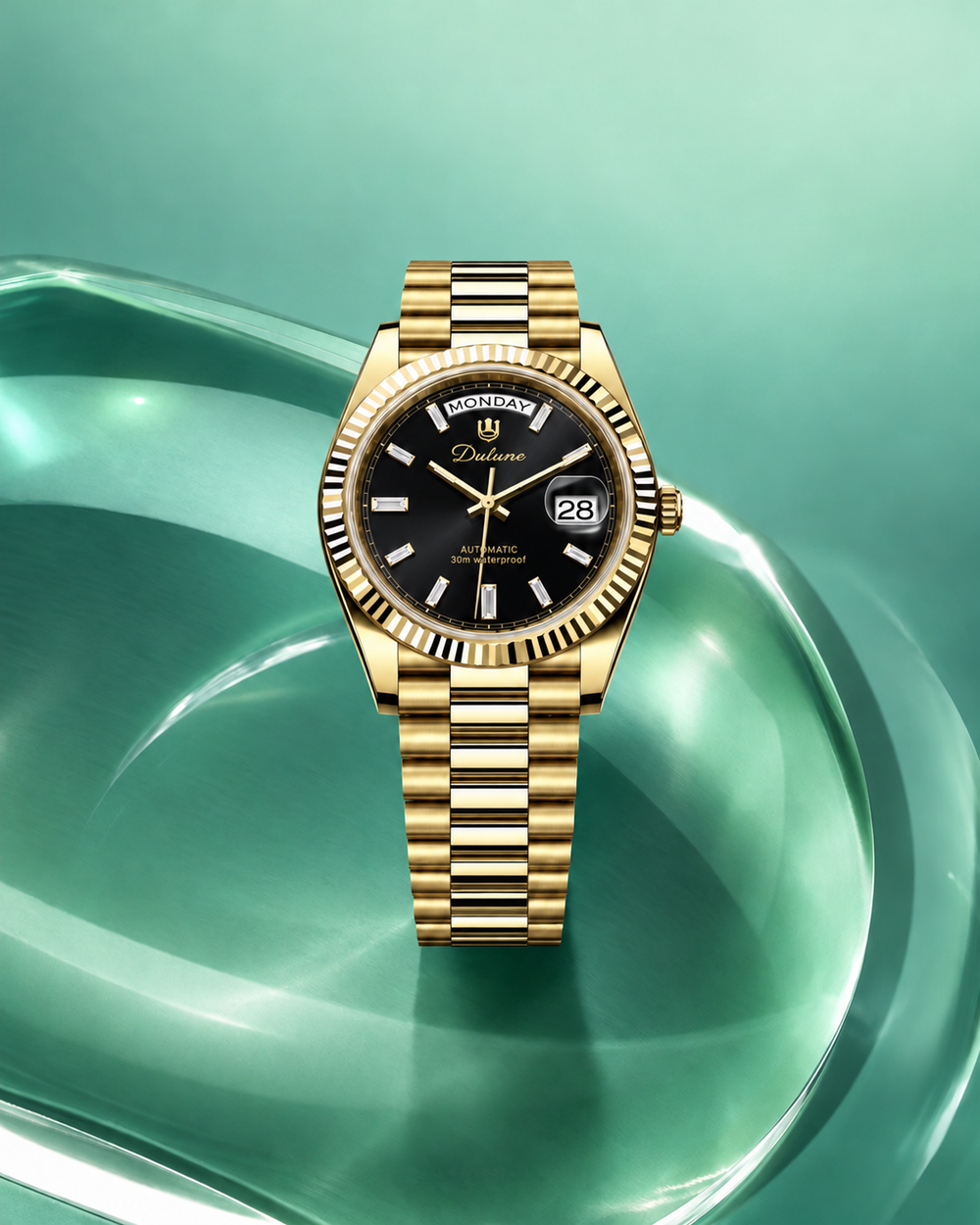 Maison Dulune Day & Date gold-tone watch with black dial in a mint-green sculptural glass scene.