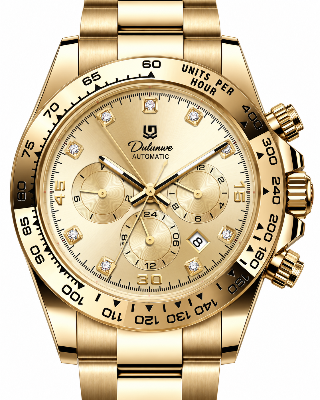 DAYTONA gold gem markers — Dial detail — AI-generated case-study image