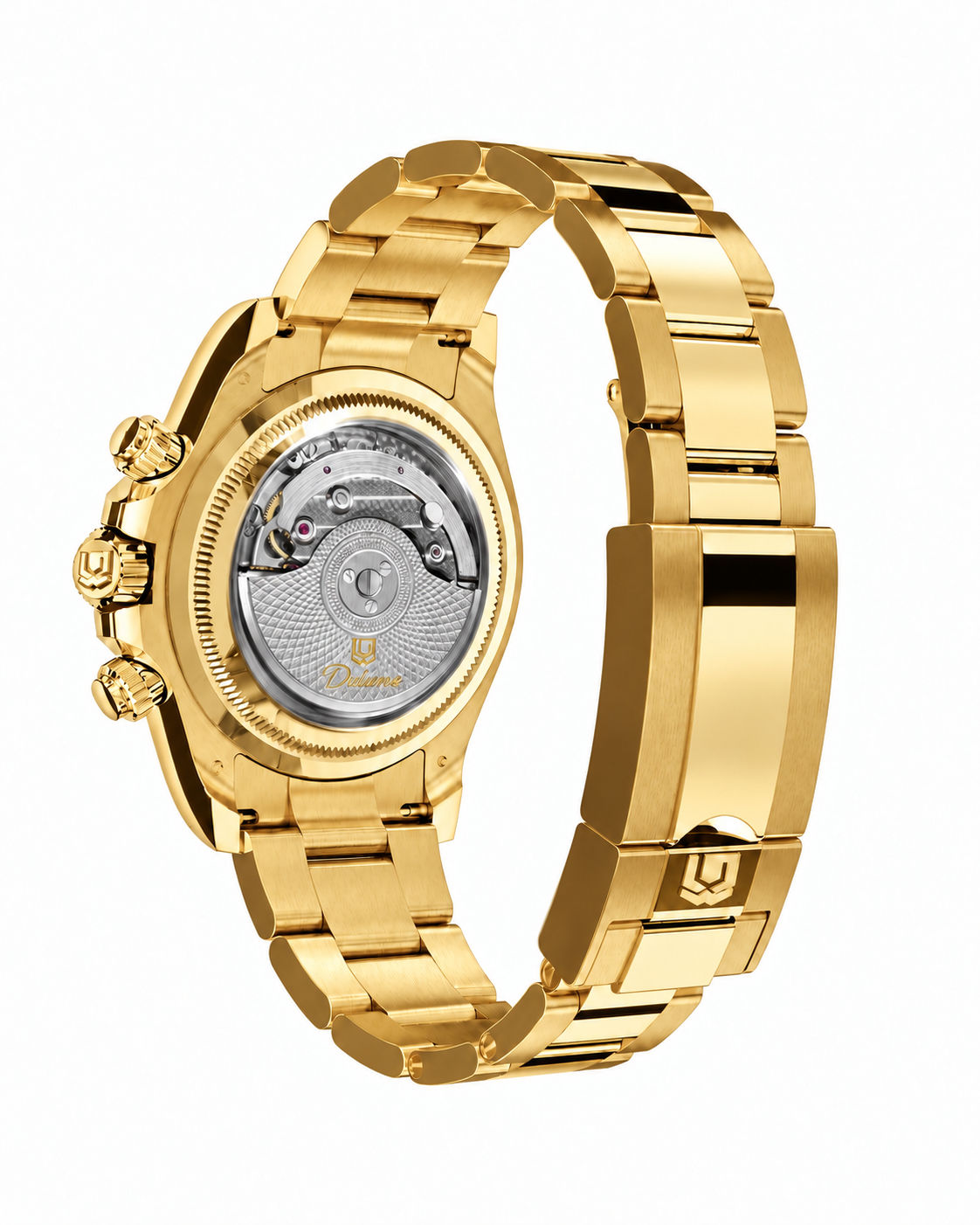 DAYTONA gold oyster closed — Rear view with closed folding clasp — AI-generated case-study image