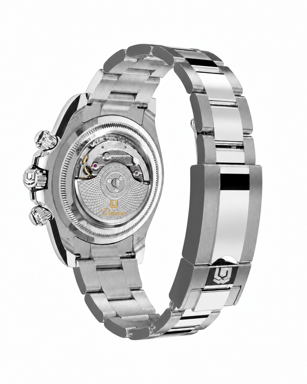 DAYTONA silver oyster closed — Rear view with closed folding clasp — AI-generated case-study image