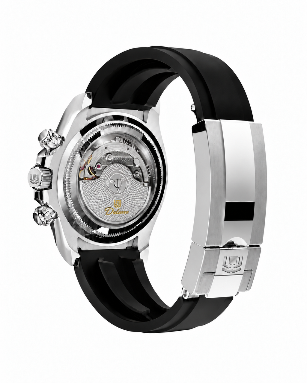 DAYTONA silver rubber closed — Rear view with closed folding clasp — AI-generated case-study image
