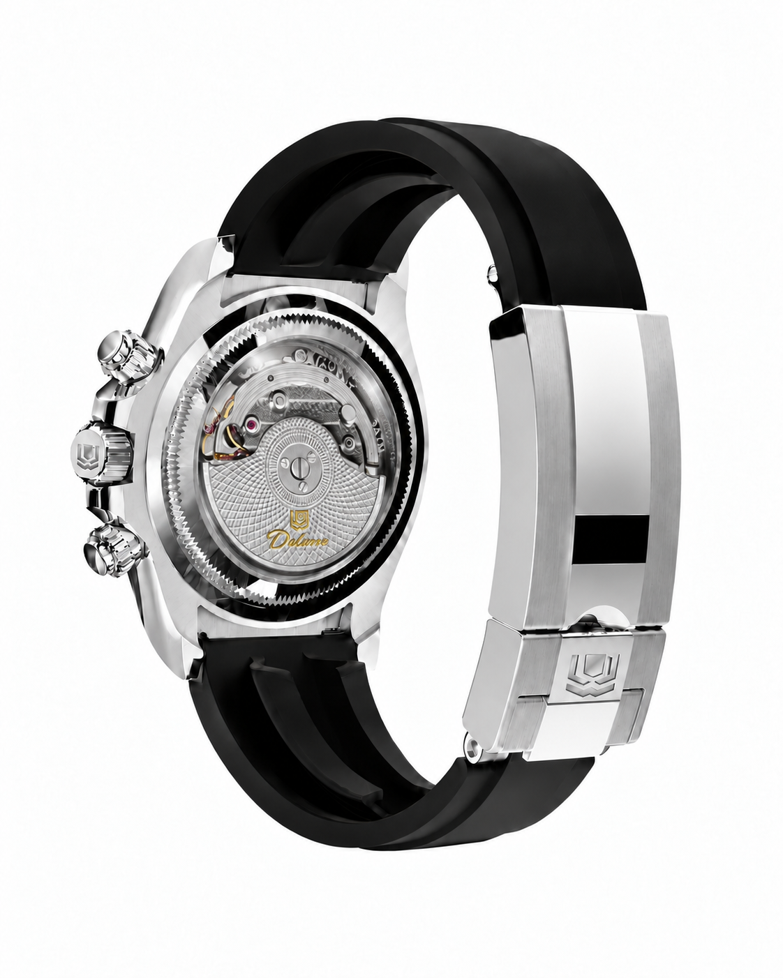 DAYTONA silver rubber closed — Rear view with closed folding clasp — AI-generated case-study image